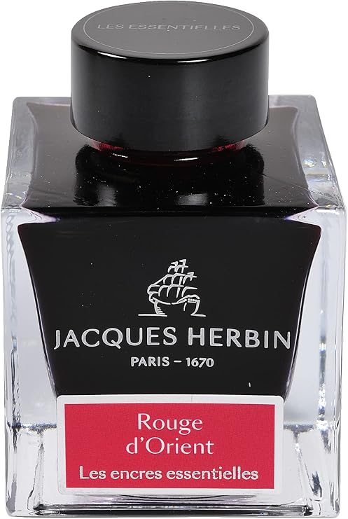 Jacques Herbin 13169JT - 50 ml ink bottle for fountain and roller pens, Rouge d'Orient/ Oriental red colour - Made in France - Calligraphy - Writing - Arts