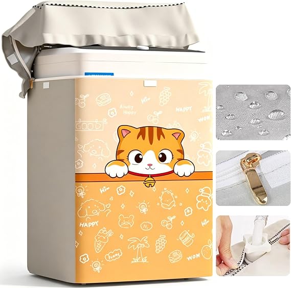Top Load Washing Machine Cover Waterproof Washer Dryer Cover with Zipper Adjustable Buckle Outdoor Full-Automatic washer Protector Case 22x22.8x36.2inch (Cute Cat)