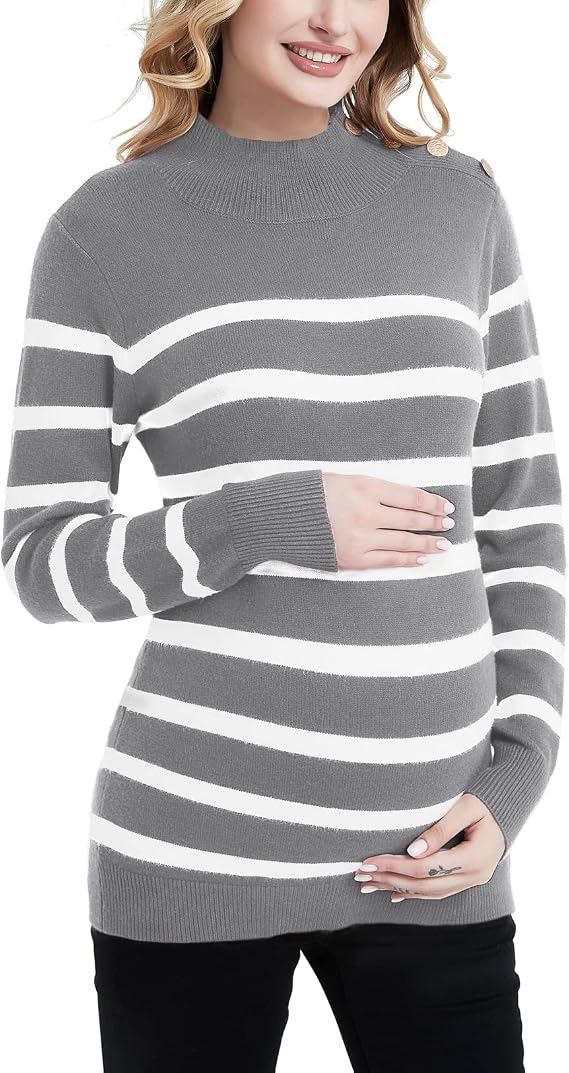 Bhome Maternity Sweater Turtleneck Stripes Long Sleeve Knit Sweater Loose Pregnant Pullover with Buttons Top
