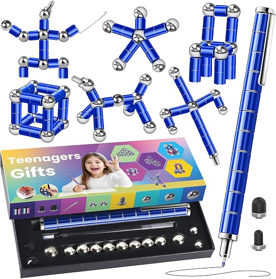 Magnetic Fidget Pen Writing Tool & Spinner Toy Combo with 13 Blue Fun Rings, Stress Relief & Focus Gift for Kids 8+, Teens & Adults, Novelty Christmas Stocking Stuffer, Office & Study Toy