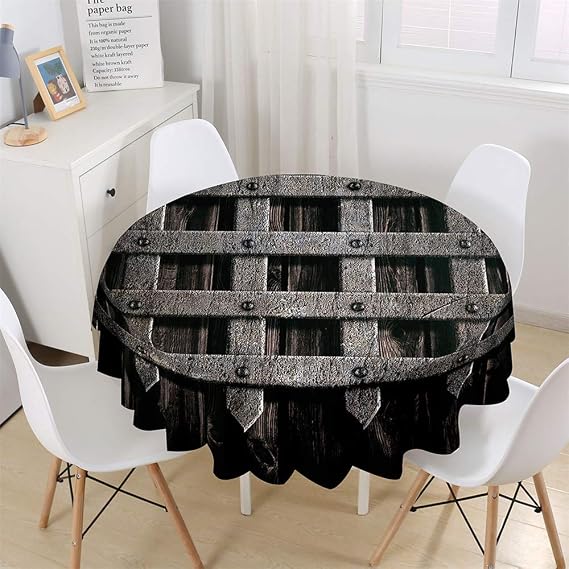 Chickwin Round Fitted Tablecloth Waterproof Dust-Proof Wood Grain Printed Wipe Clean Polyester Table Cover, Table Protector for Kitchen Dinning Tabletop Decoration (Iron fence,90cm)