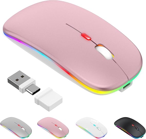 Wireless Mouse with Jiggler Mode - Bluetooth 5.2 & 2.4G Wireless Mouse for Laptop PC iOS Android iPad & Windows 7-Color LED & 1600 DPI Optical (Jiggler Mode Black) (Rose Gold Jiggler Mode)