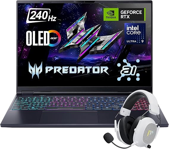 Acer Predator Helios Neo 16S AI Gaming Laptop, 16 WQXGA 240HZ OLED, Intel 24-Core Ultra 9 275HX, RTX 5060 DLSS4, 16GB DDR5 1TB SSD, Killer WiFi 6E, Thunderbolt 4, RJ 45, Win 11 Pro with Accessory