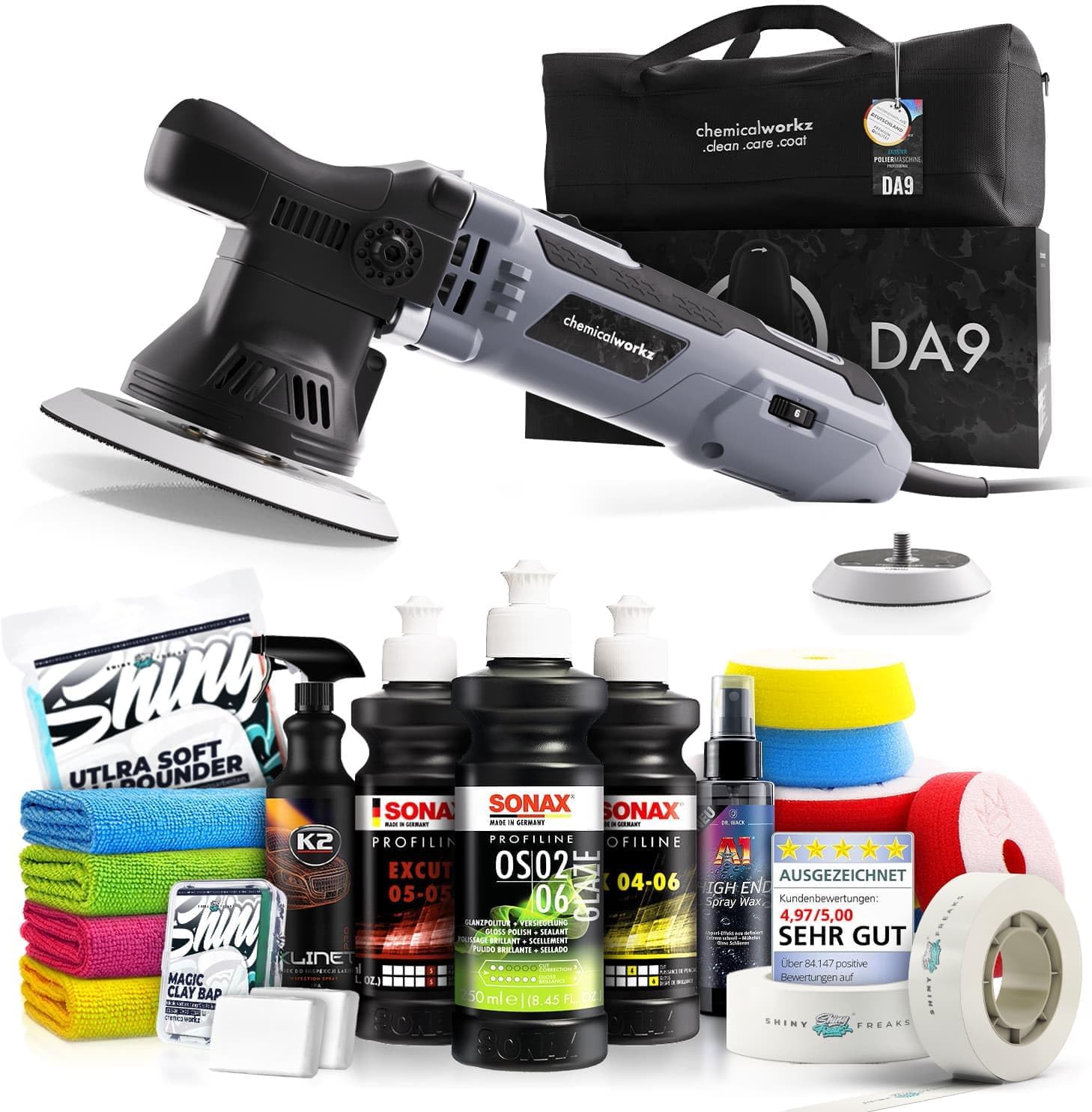 Chemicalworkz DA9 Orbital Polishing Machine  Sonax Polish Set  Royal Pads Premium Polishing Pads  Dr. Wack Sealing for Paint  Accessories 20 Pieces