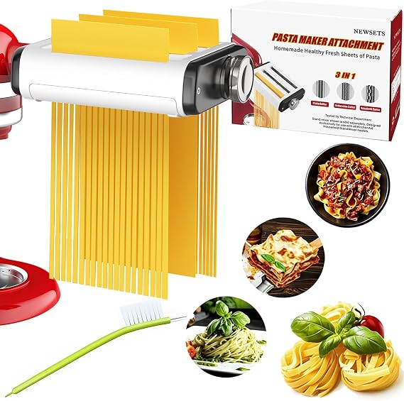 Pasta Maker Attachment for All Kitchenaid Mixers, Noodle Maker Kitchen Aid Mixer Accessories 3 In 1 Including Dough Roller Spaghetti Fettuccine Cutter - Homemade Fresh Pasta Easily!
