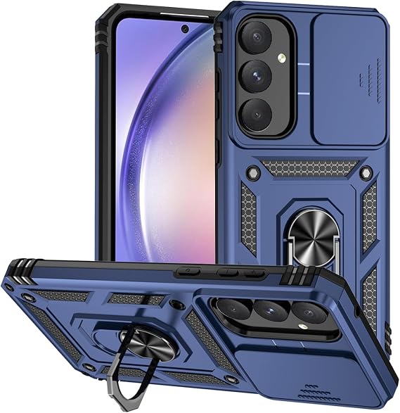 Case for Galaxy A55 5G Case, Samsung A55 SM-A556U Case with Slide Camera Cover, Built-in 360 Rotate Ring Kickstand Magnetic Shockproof Phone Cover for Samsung Galaxy A55 5G Blue