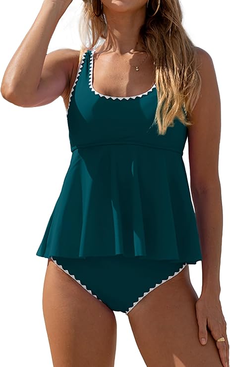 Beachsissi Women Tankini Swimsuit Flower Print Ruffle Hem Tummy Control Bathing Suit