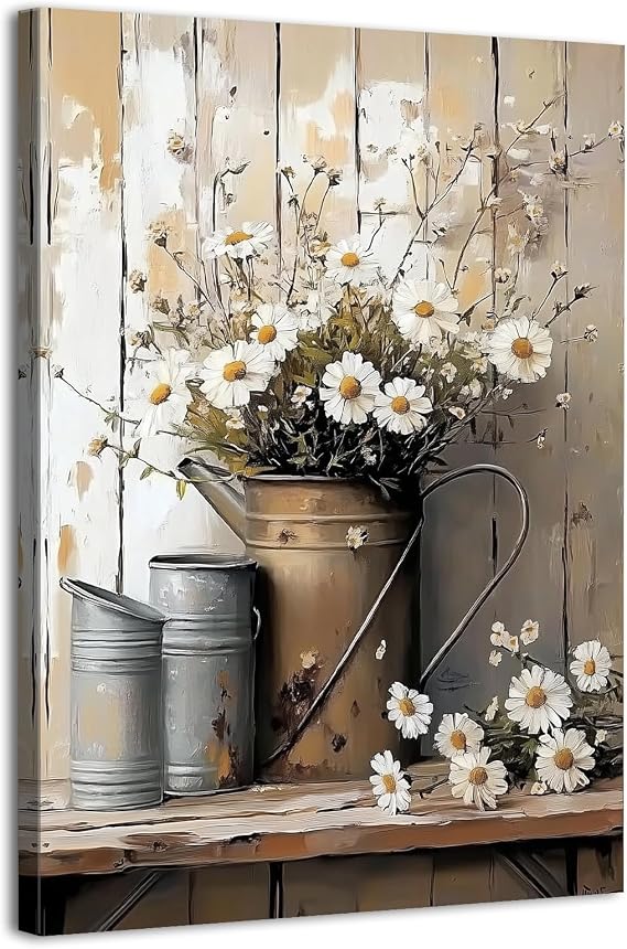 Rustic Flower Wall Art White Daisy Floral Canvas Prints Pictures for Kitchen Wall Decor Vintage Botanical Prints Paintings Poster Retro Farmhouse Artwork for Dining Room Home Decorations 30x40cm