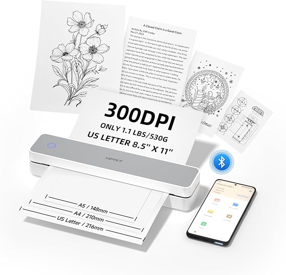 HPRT Portable Bluetooth Printer for Travel, Supports 8.5x11 US Letter & A4 Thermal Paper, 300 DPI, Compatible with Android & iOS Phones & Laptops, (White-Grey)