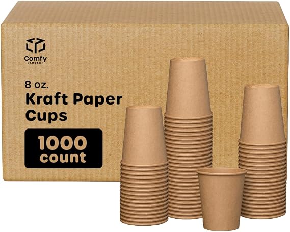 Comfy Package [Case of 1,000 8 oz. Kraft Disposable Paper Cups, Hot Coffee Cups Brown Unbleached - Eco-Friendly Cups