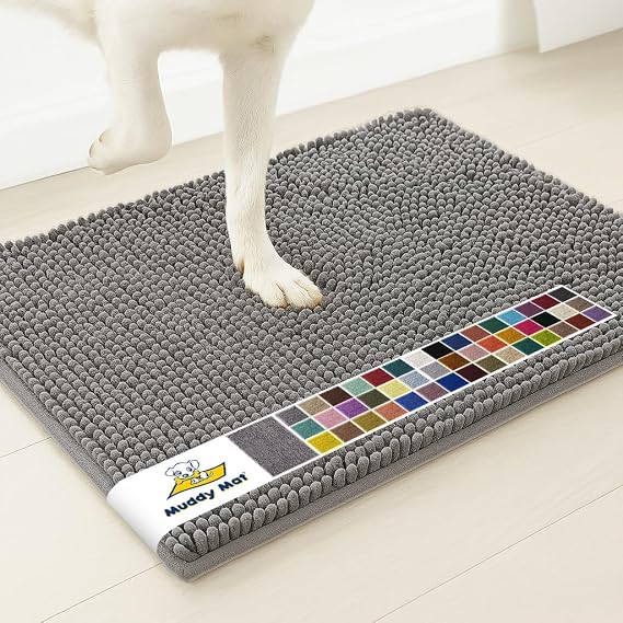 Muddy Mat AS-SEEN-ON-TV Highly Absorbent Microfiber Door Mat and Pet Rug, Non Slip Thick Washable Area and Bath Mat Soft Chenille for Kitchen Bathroom Bedroom Indoor and Outdoor - Grey Medium 30"X19"