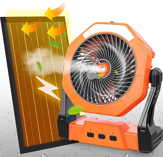 Ausic 10W Solar Fan with Mister, Portable Misting Camping Outdoor Fan with Solar Panel, 8 Inch Battery Operated Rechargeable Cooling Fans with Water Spray for Travel/Beach/Chicken Coop