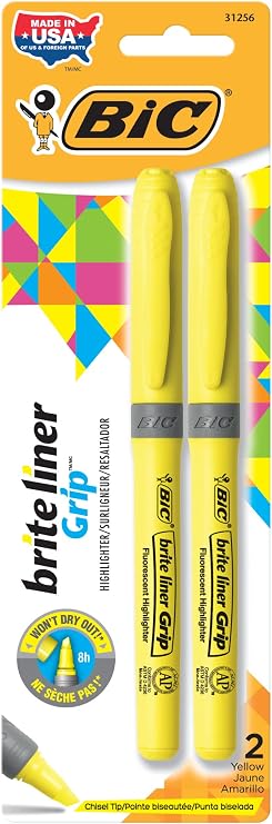 BIC Brite Liner Grip Highlighters, Chisel Tip, Classic Yellow, 2-Count