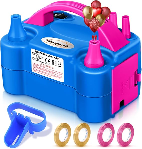 FLSEPAMB Balloon Pump, Electric Balloon Pump, Portable Dual Nozzle 110V 600W Electric Balloon Blower, Balloon Pump for Party Decorations with Tying Tool, Colored Ribbons