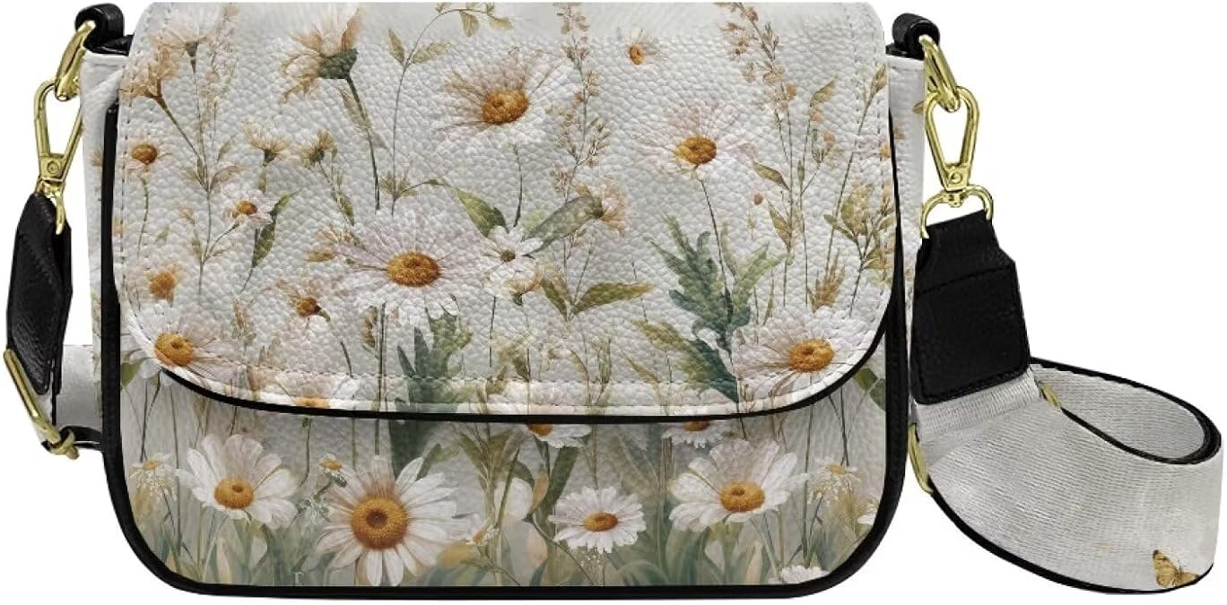 Women Daisy Flower Crossbody Bags Butterfly Vegan Leather Shoulder Bag Watercolor Floral Zipper Cross Body Purses