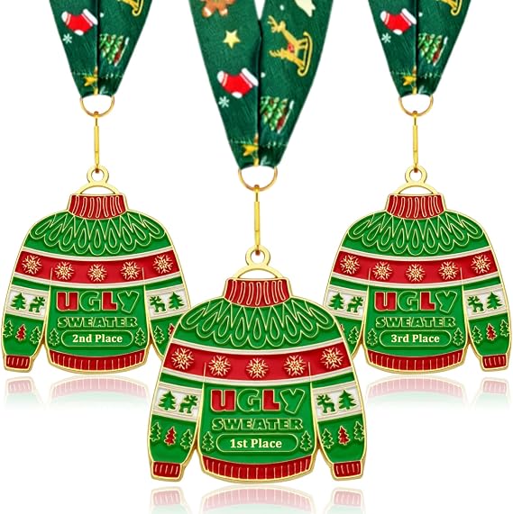 Donrime 3 PCS Ugly Christmas Sweater Medals with Ribbons, 1st 2nd 3rd Place Winner Awards for Holiday Party Contest and Christmas Tree Decor