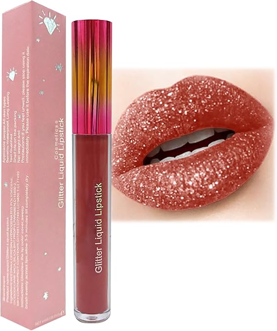 Long Lasting Red Glitter Lip Lipstick & Liner with Metallic Diamond Shimmer, Waterproof and High Pigment Formula - Perfect for Women and Girls Makeup, Non-stick Cup for All-day Wear