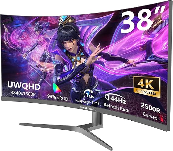 Great voell 38-Inch Ultrawide Curved Gaming Monitor 144Hz, UWQHD 3840x1600, 1ms Response, AMD FreeSync, HDR, 99% sRGB, Anti-Blue Light, VESA Mount, HDMI 2.0 & DP 1.4 Adjustable Stand