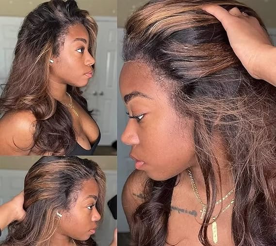 HD Transparent Kinky Edges 360 Lace Frontal Wig Pre Plucked #1B/#30 Ombre Black With Brown Highlight Wig Loose Wave 150% Density Remy Hair Lace Wigs with Curly Baby Hair 18Inch