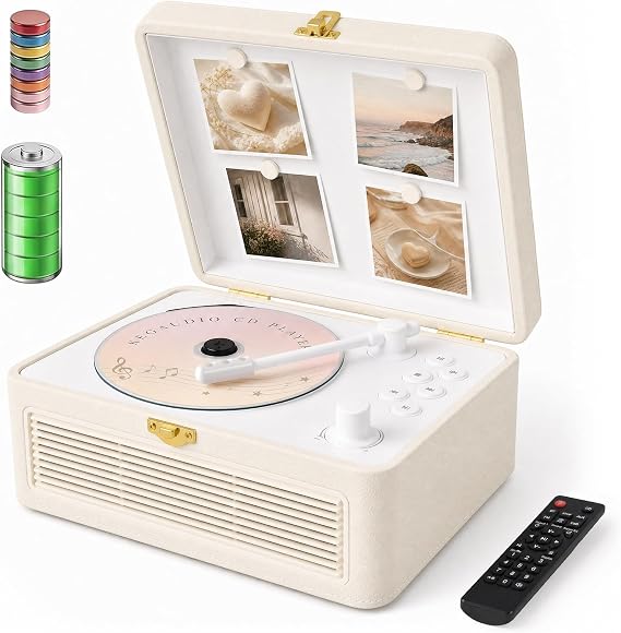 Retro CD Player Portable Bluetooth: Kegaudio CD Players for Home with Speakers 3600mAh Rechargeable & Radio & Remote Control PU Leather Vintage CD-Player Support USB/AUX Headphone Jack (Off-White)