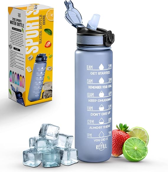 Roe Tenpo Sports Water Bottle with Straw and Time Marking, and 32OZ Capacity - Motivational and Eco-Friendly BPA-Free Bottle for Running, Gym, Yoga, Outdoors, and Camping (Style-1, Grey)