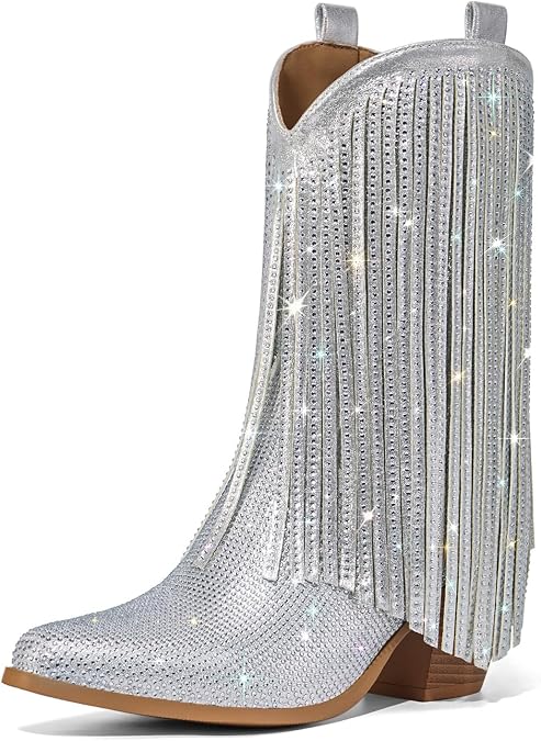 Rollda Rhinestone Cowboy Boots for Women, Fringe Cowgirl Boots