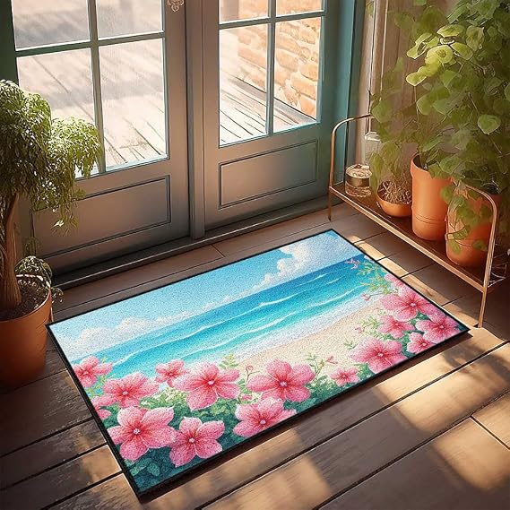 Fall Welcome Mats for Front Door Beach Waves and Blooming Flowers Doormat Emo Room Decor Man Cave Stuff(40X60CM)