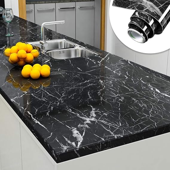 YENHOME 17.7"X200" Black Marble Contact Paper for Countertops Waterproof Self Adhesive Black Marble Wallpaper Peel and Stick Kitchen Countertops Wallpaper Decorative Contact Paper for Desk Cabinet
