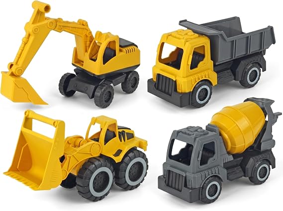 4pcs Construction Toys Set, Mini Excavator, Dump Truck, Bulldozer & Mixer - Abs Beach Toys for Boys, Yellow beach