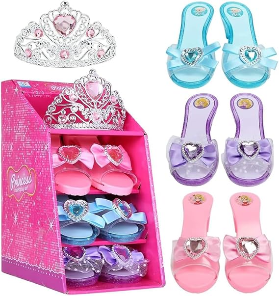 Mastom Girls Princess Dress Up Shoes and Tiara Play Set | 3 Pairs of Shoes + 1 Tiara, Role Play Collection, Fashion Princess Shoe, For 3 4 5 6 years Little Girls
