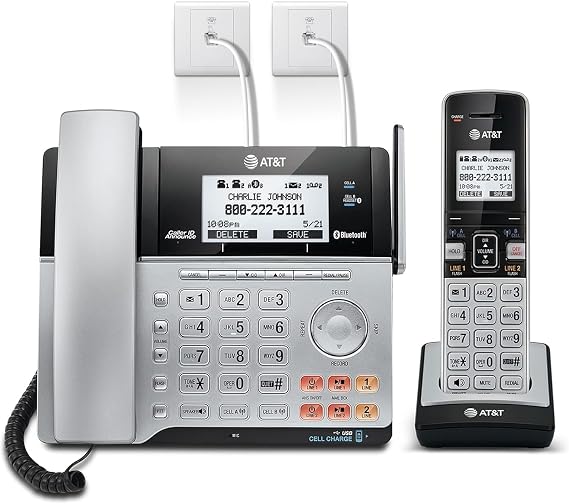 AT&T TL86103 2-Line Corded/Cordless Phone System for Small Business with Answering Machine, Connect-to-Cell Bluetooth, Caller ID, Intercom, Long Range & Expandable to 12 Handsets (Silver/Black)