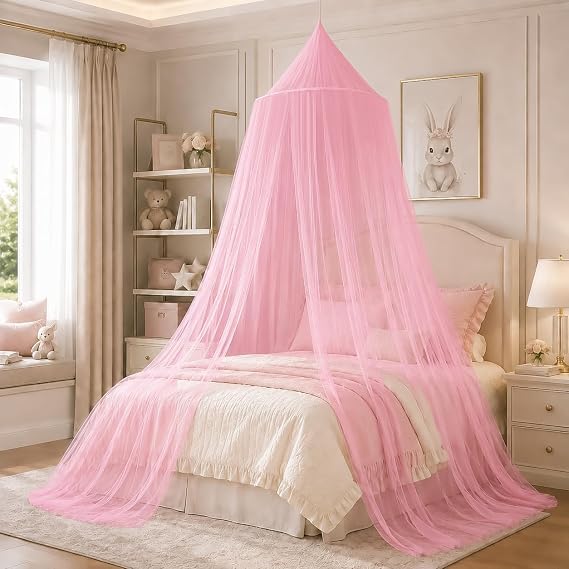 Mosquito Net Bed Canopy for Girls, Princess Canopy Bed Curtains from Ceiling, Kids Reading Nook Tent for Bedroom Decor, Hanging Dome Netting for Twin Full Queen Bed, Pink