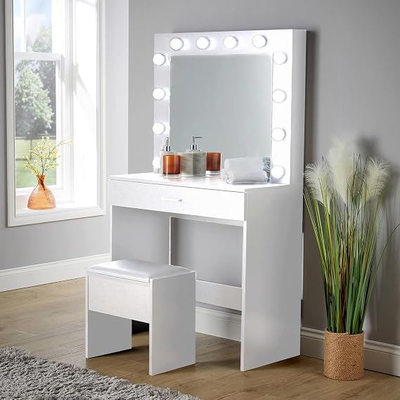 Home Source White Dressing Table Set with LED Mirror & Padded Stool – 1 Drawer Vanity Table with Mirror and Lights, Makeup Desk for Bedroom, Apartments & Student Rooms