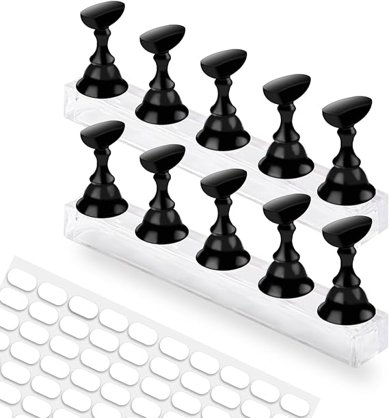 Nail Stand for Press On Display Practice for Acrylic Nails, Magnetic Fake Nail Tips Holder for Nails Painting Tools and Designs with Reusable Double-Sided Tape for Home DIY Art Salon Supplies (Black)