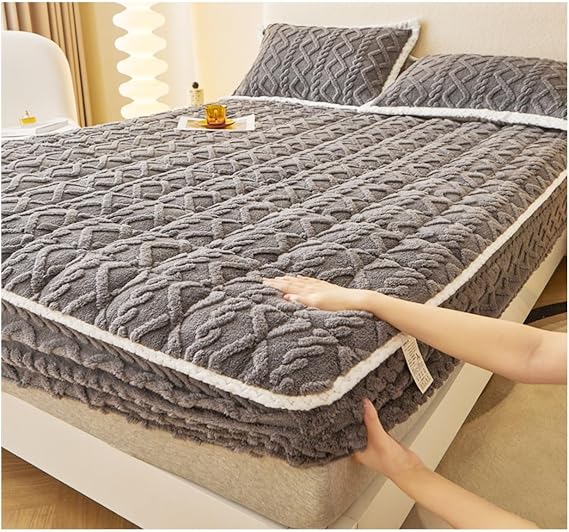 Elastic Bed Sheets, Deep Fitted Sheets Queen, Soft Velvet Fitted Bed Sheet, Winter Warm Thickened Fitted Sheet Bedspread, Plush Bedcover Mattress Protector Cover(Grey,King (79x87inch))