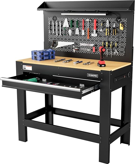 WORKPRO 45" Workbench with Pegboard, Power Outlets & LED Light 800 LBS | Built-in Storage: Features pegboard, power outlet, and LED light for garage, workshop, repair, and DIY projects