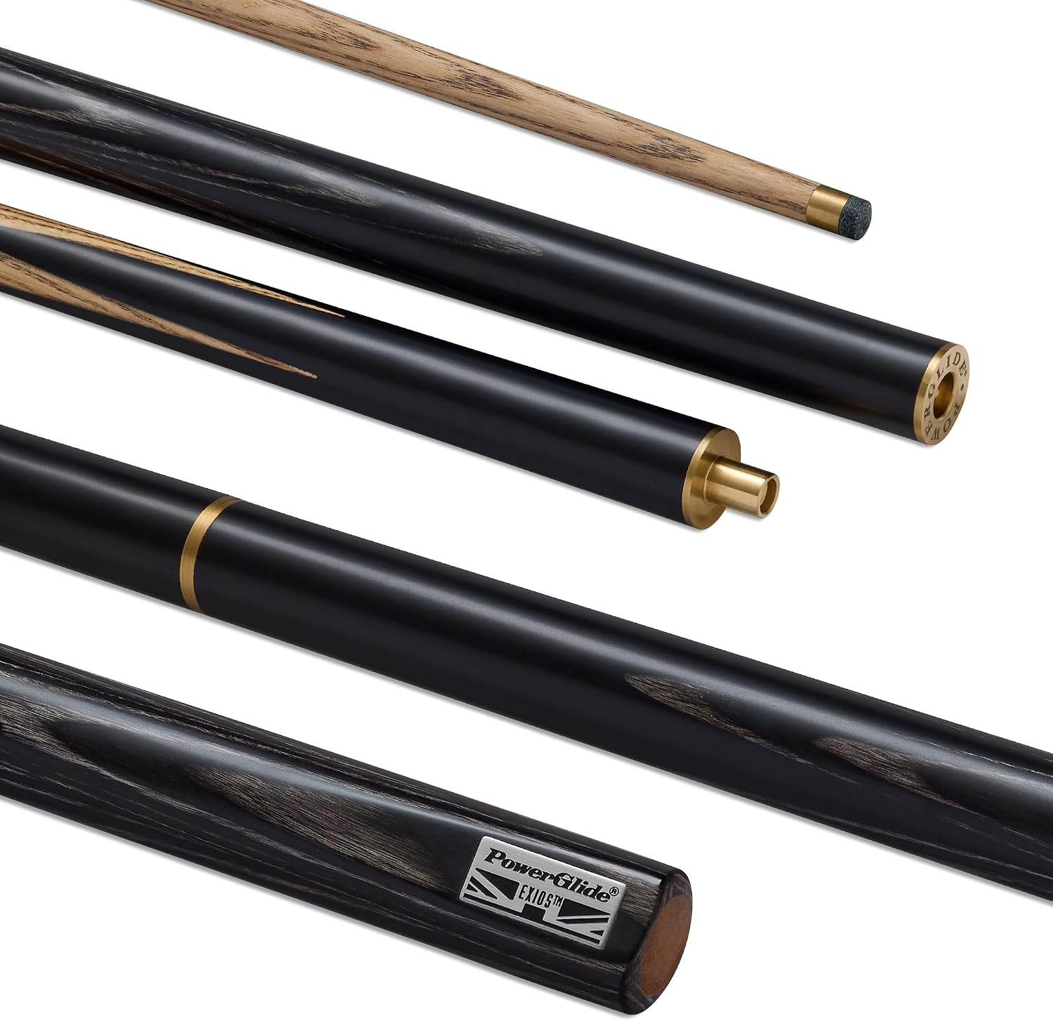 PowerGlide EXIOS | Hand Spliced Snooker Cue | Ash Butt & Shaft Hardwood Splices | 2-Piece Cue | 5050 or 34 Joint | Full Size 57" | 9.5mm Tip | 18 or 19 oz | Black, Blue, Brown or Multicolour
