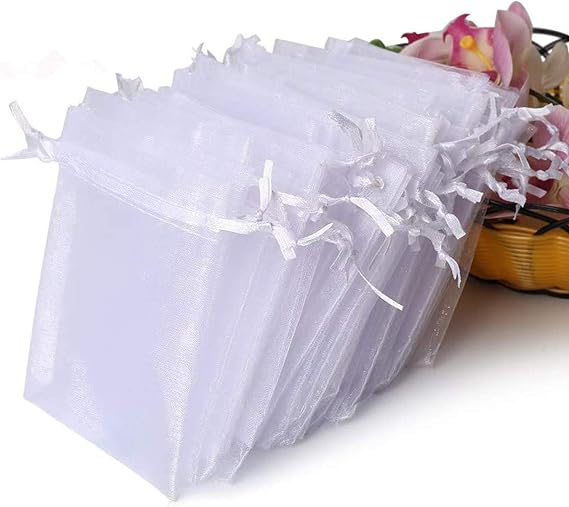 Hopttreely 100PCS Premium Sheer Organza Bags, White Wedding Favor Bags with Drawstring, 4x4.72 Jewelry Gift Bags for Party, Jewelry, Christmas, Mother's Day, Festival, Bathroom Soaps, Makeup Organza Favor Bags