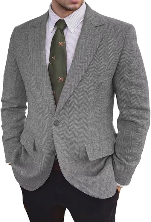 Retro Tweed Mens Suit Jackets Herringbone Casual Sport Coats Wedding Party Suits Blazers Prom Formal Tuxedo Jacket Wool Blend Slim Fit Blazer Light Grey 3XL
