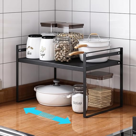 Kitchen Cupboard Shelf Organiser, Extendable Cabinet Storage Shelf Stand Spice Rack, Multi-Function Space Saver Plate Organiser for Kitchen Countertop, Pantry, Cabinet, Fridge（Black）