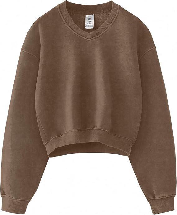 Hatant Cropped Sweatshirt for Women, V Neck Acid Wash Crop Pullover, Soft Fleece Long Sleeve Relaxed Fit Sweatshirt for Women