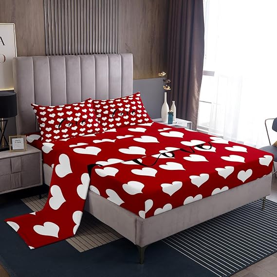 Love Heart Bed Sheets King Size Girls Red and White Fitted Sheet Valentine's Day Bedroom Decor Women Kawaii Heart Pattern Sheet Set Cute Love Geometric Flat Sheet Soft Microfiber Top Sheet,4 Pieces