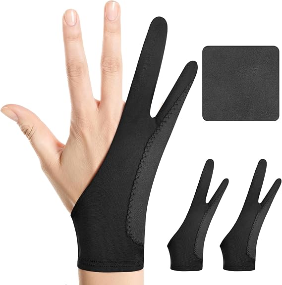Digital Drawing Glove: 3-Layer Palm Rejection, Two-Finger Artist Glove for Drawing Tablet, iPad, Paper Sketching, Fits Left and Right Hand, Includes Cleaning Cloth(2 Pack,Black,Small)