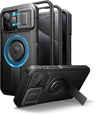 Dexnor for iPhone 15 Pro Max Case with Slide Camera Cover & Adjustable Kickstand & Built-in Screen Protector, Magnetic Rugged Shockproof Bumper Cases Heavy-Duty Magnetic Protective Cover,Black