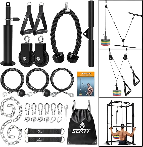 SERTT Weight Cable Pulley System Gym, Upgraded Cable Pulley Attachments for LAT Pull Down, Biceps Curl, Tricep, Arm Workouts - Home Gym Add On Equipment
