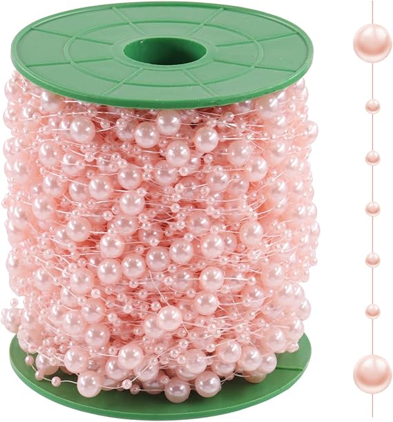Keadic 200Feet Pearls String Beads Decoration, 1 Roll Faux Pearl Garland Roll Strand for Wedding Party Valentine Bridal Bouquet Crafting DIY Decoration (Pink)