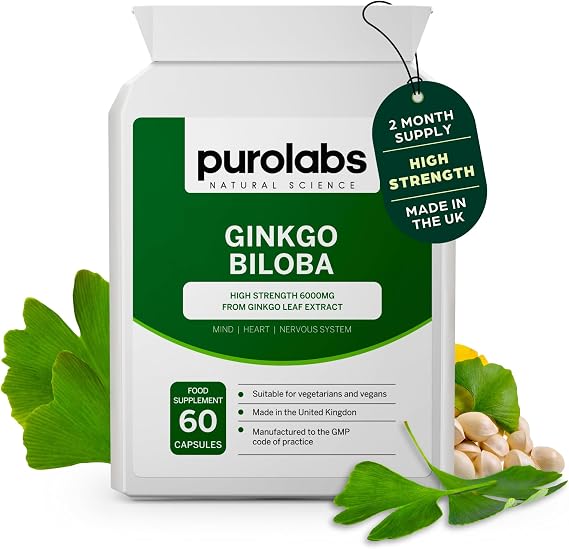 Purolabs Ginkgo Biloba Supplement 6000mg |High Strength 50:1 Ginkgo Biloba Extract | 60 Vegan Capsules for Men and Women | No Fillers | Made in the UK