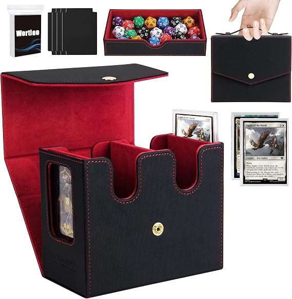 WERTIOO MTG Commander Deck Box with Handle Double Storage Box for 230+ Double Sleeved Cards, 2 Commander Displays, 1 Dice Tray Card Organizer for EDH, CCG, TCG (Black Red)