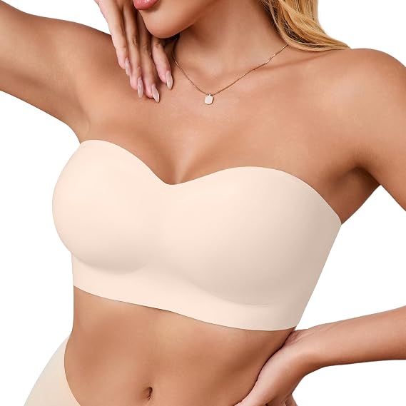 DEANGELMON Strapless Bras for Women Bandeau Bra - Push Up Wireless Padded Tube Top Bra with Clear Straps - Plus Size Bralette