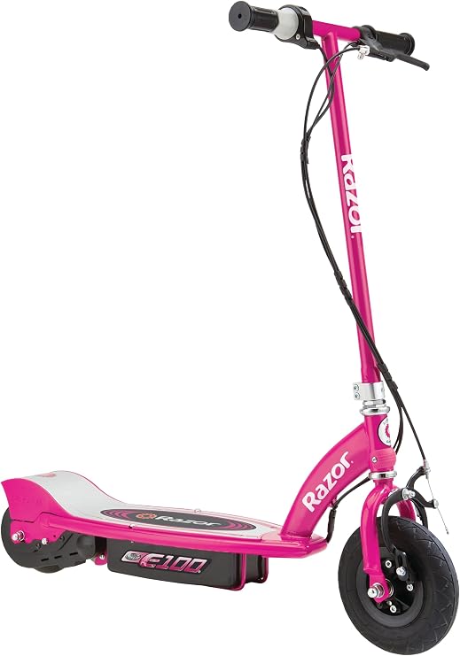 Razor E100 Electric Scooter for Kids Ages 8+ 8" Pneumatic Front Tire, Hand-Operated Front Brake, Up to 10 Mph and 40 Min of Ride Time, for Riders Up to 120 Lbs